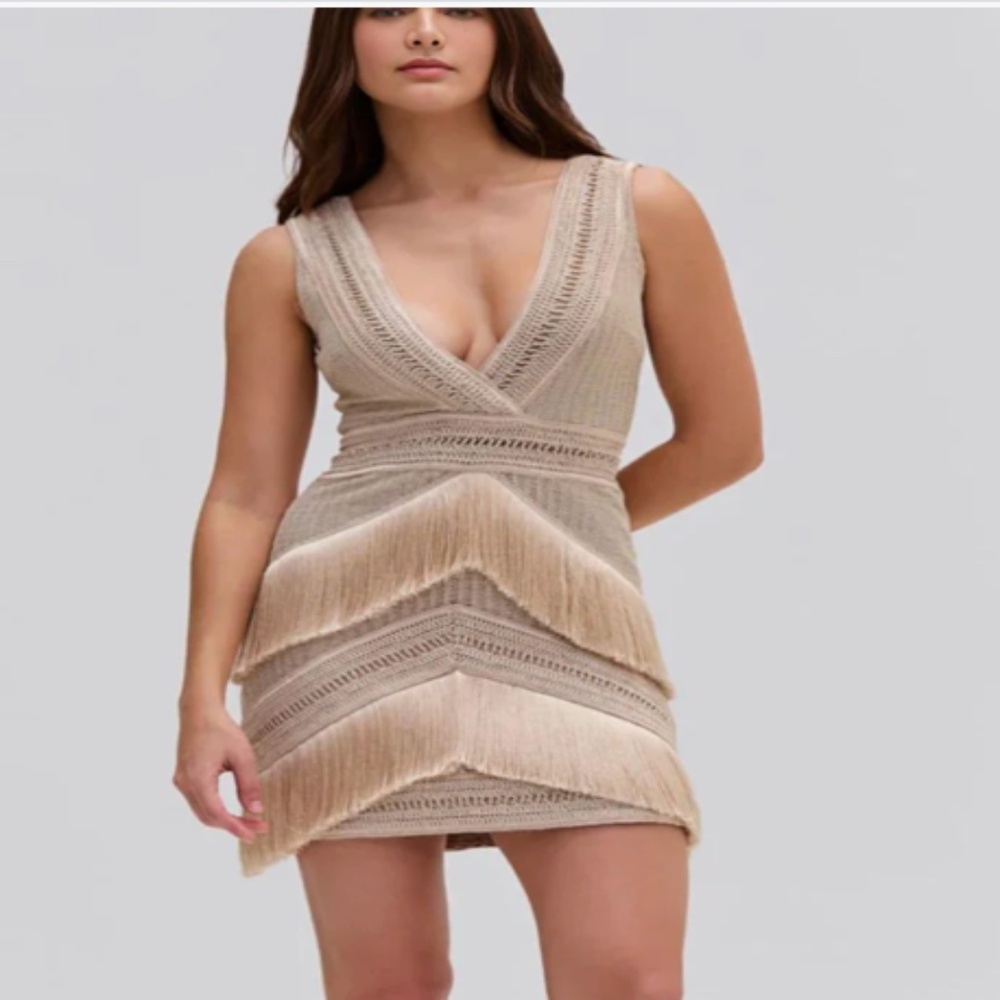 PatBO Deep V-Neck Fringe Minidress